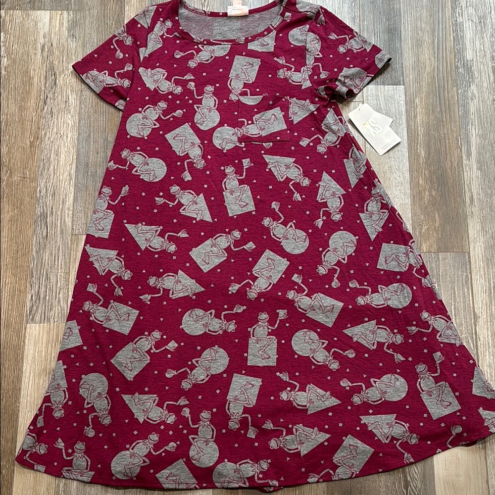Burgundy Dress with Gray Kermit the Frog Pattern. Size XS. NWT!!